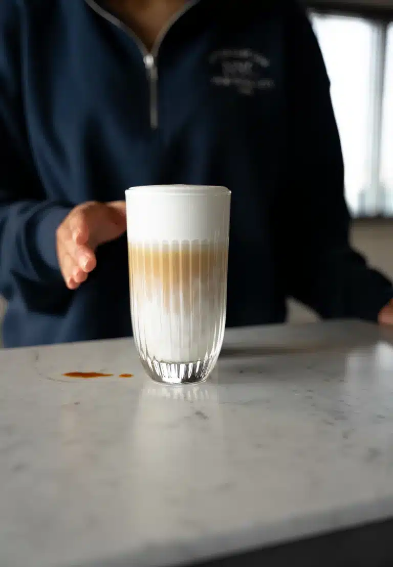 Latte macchiato in een hoog glas met een persoon er achter