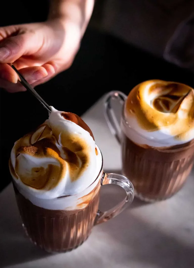 Dikke romige chocolademelk met marshmallow schuim