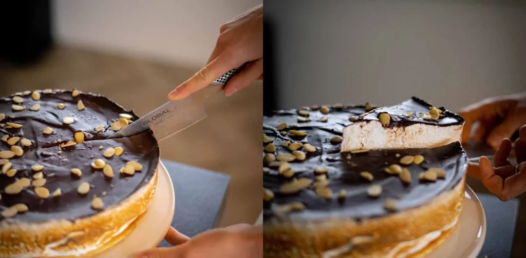 Italiaanse meringue taart met ganache in een collage van twee foto's